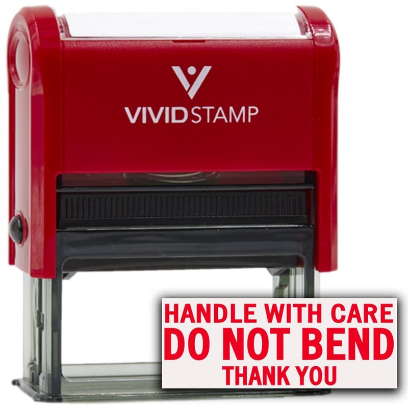 Vivid Stamp Handle with Care DO NOT Bend Self Inking Rubber Stamp (Red Ink) - Medium - Image 1